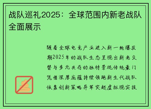 战队巡礼2025：全球范围内新老战队全面展示