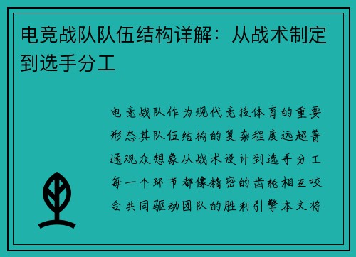 电竞战队队伍结构详解：从战术制定到选手分工