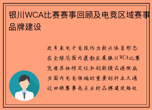 银川WCA比赛赛事回顾及电竞区域赛事品牌建设