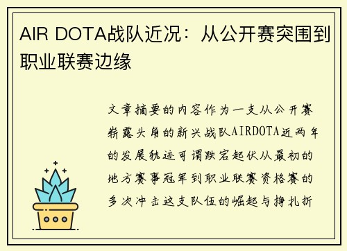 AIR DOTA战队近况：从公开赛突围到职业联赛边缘