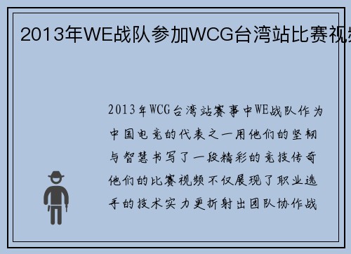 2013年WE战队参加WCG台湾站比赛视频